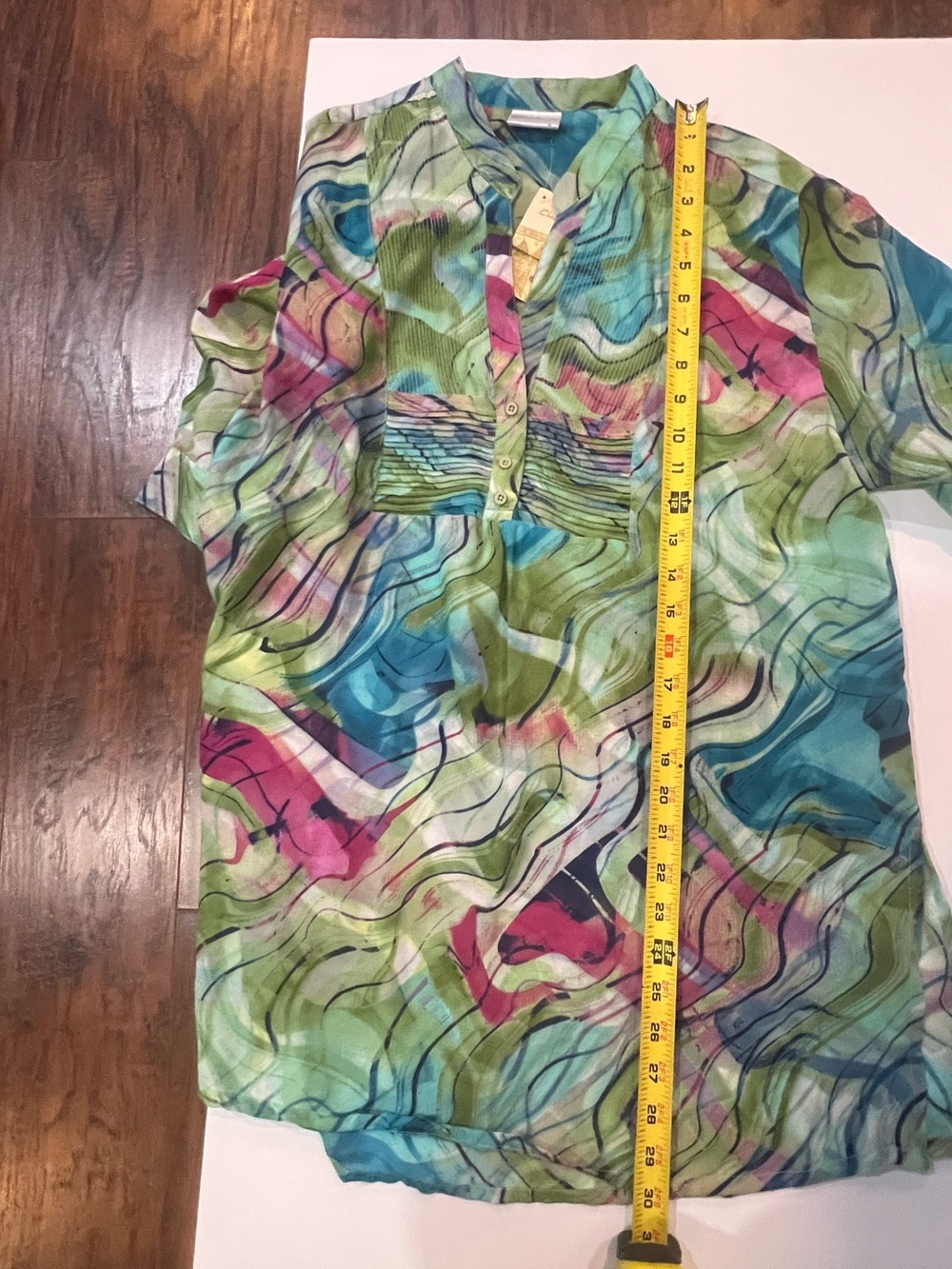 Christina 100% Silk Abstract Wave-Print Tunic - Blue/Green/Pink size Large NWT - Picture 8 of 9